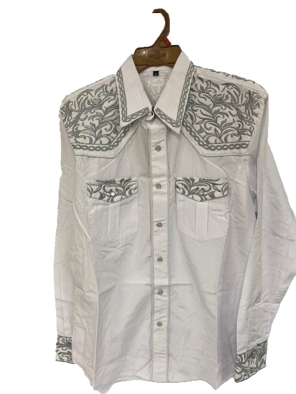 le bos American West White Collared Longsleeve Men's Shirt with Silver Embroidery 3005-WS