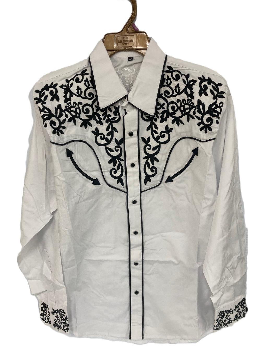 le bos American West White Collared Men's Longsleeve Snap Shirt with Black Embroidery 1013-WB
