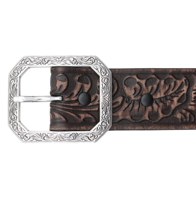 Le Bos Andwest Dark Brown 1 1/2 Inch Women's Tooled Belt With Rectangular Engraved Buckle BLT516-22