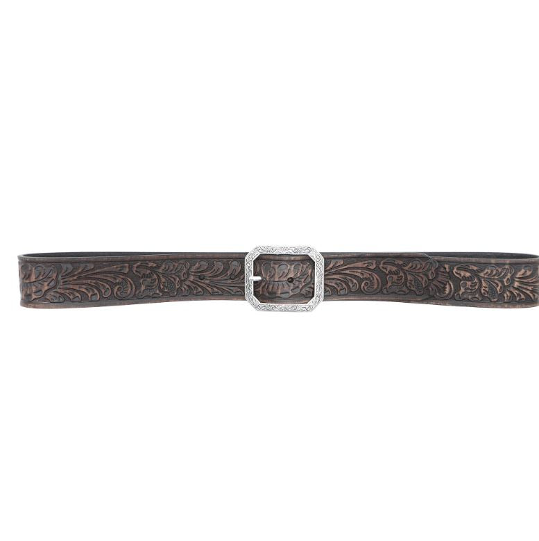 Le Bos Andwest Dark Brown 1 1/2 Inch Women's Tooled Belt With Rectangular Engraved Buckle BLT516-22