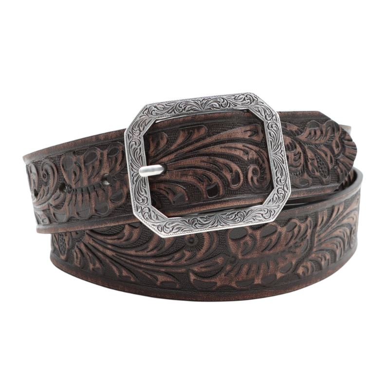le bos Andwest Dark Brown 1 1/2 inch Women's Tooled Belt with Rectangular Engraved Buckle BLT516-22