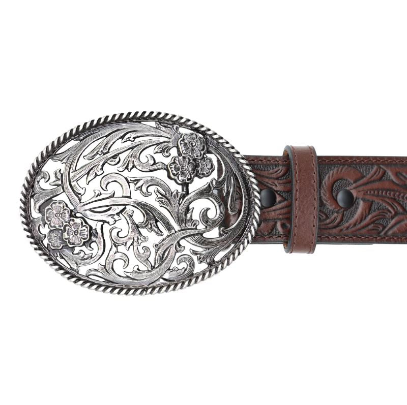 Le Bos Andwest Dark Brown Women's Tooled Filigree Belt With Oval Buckle BLT518-22