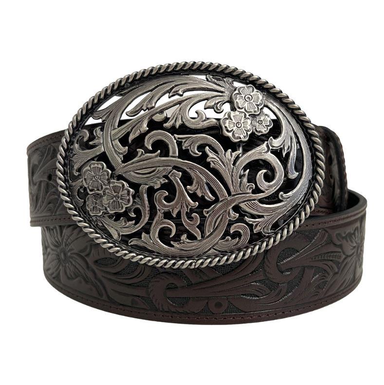 le bos Andwest Dark Brown Women's Tooled Filigree Belt with Oval Buckle BLT518-22