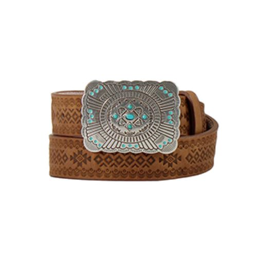 le bos Angel Ranch Brown Girls Belt with Southwest Embossing and Antique Silver Finish Buckle DI30003802