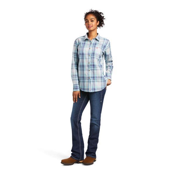 le bos Ariat Aqua Sky Plaid FR Sabine Logo Women's FR Work Shirt 10039657