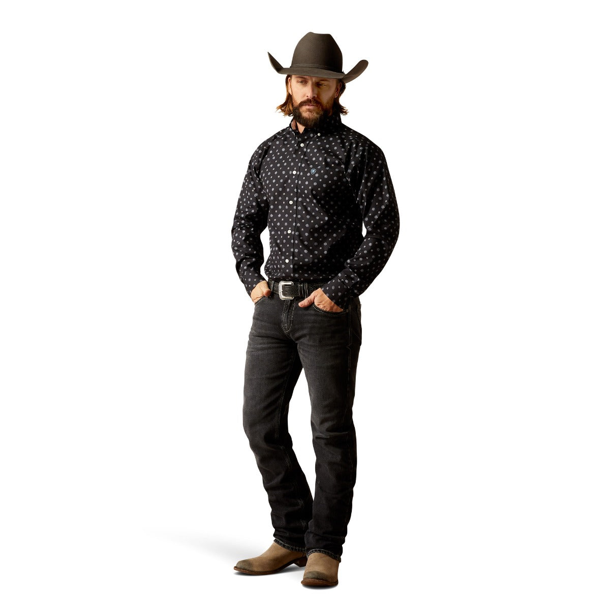 Le Bos Ariat Black Geo Print Lenox Wrinkle Free Fitted Men's Shirt 10051980