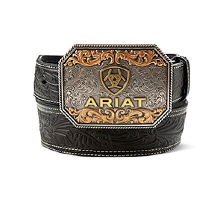 le bos Ariat Black Men's Genuine Leather Black Tapered Belt with Buckle and Floral Embossing A1042201