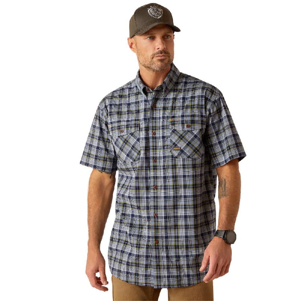 Le Bos Ariat Blue Indigo Heather Plaid Rebar Made Tough DuraStretch Men's Short Sleeve Work Shirt 10048891