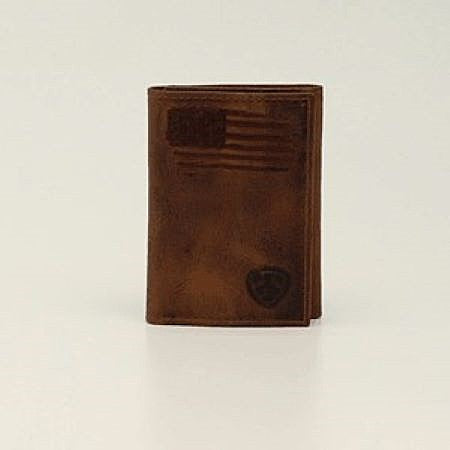 le bos Ariat Brown Distressed USA Flag Men's Trifold Style Wallet with Ariat Shield Logo A3545402