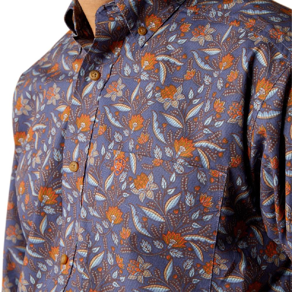 Le Bos Ariat Dark Blue With Print Ty Men's Classic Fit Collared Longsleeve Button Down Shirt 10052615