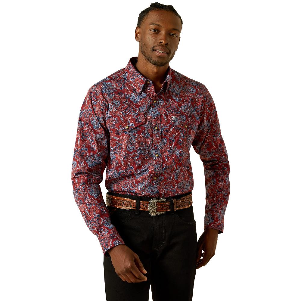 le bos Ariat Dark Red with Print Tyrone Men's Longsleeve Collared Fitted Snap Front Shirt 10062181