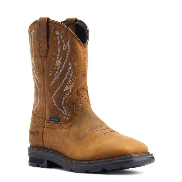 le bos Ariat Distressed Brown Sierra Shock Shield Men's Wide Square Toe Waterproof Pull On Work Boots 10044545
