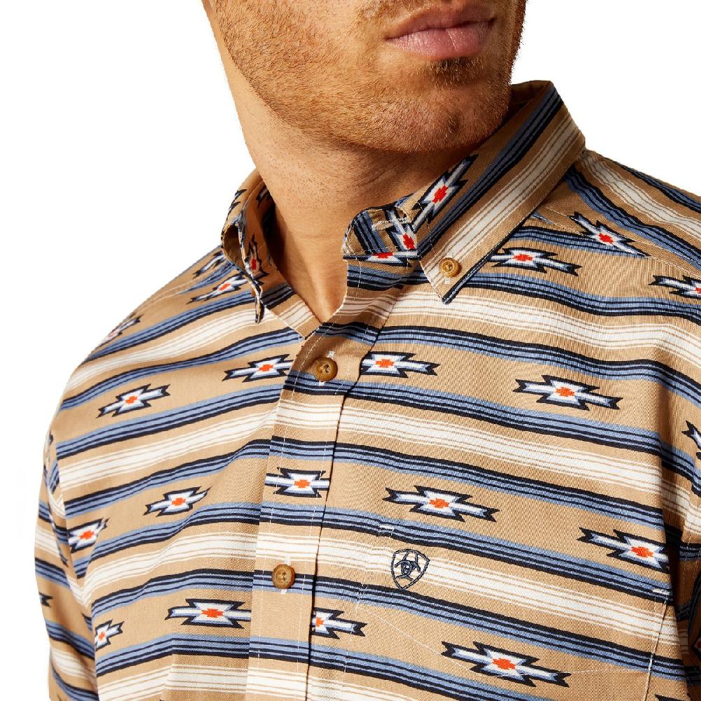 Le Bos Ariat Khaki With Print Trace Men's Classic Fit Collared Longsleeve Button Down Shirt 10052616