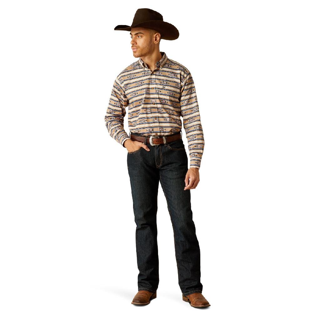 Le Bos Ariat Khaki With Print Trace Men's Classic Fit Collared Longsleeve Button Down Shirt 10052616