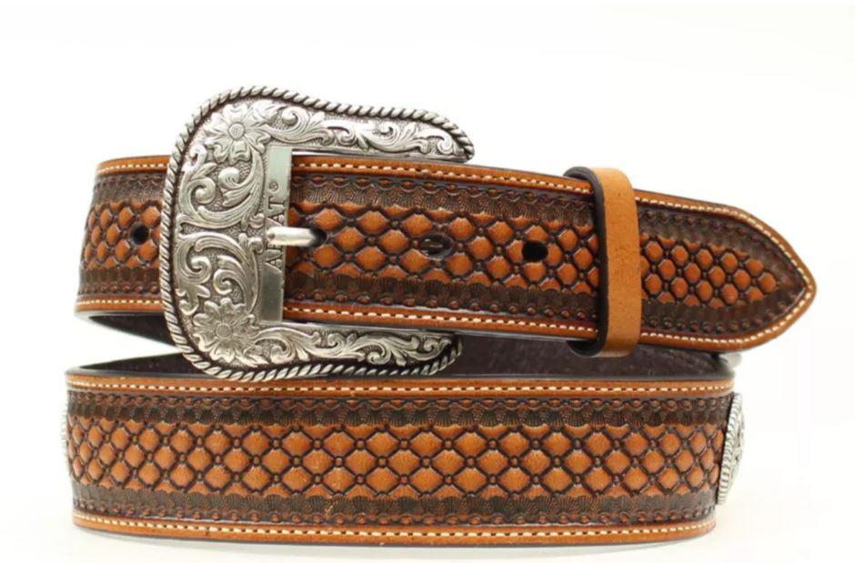 le bos Ariat Natural/Brown Basketweave Men's Belt with Conchos and Fabric Ribbon Inlay A1013248