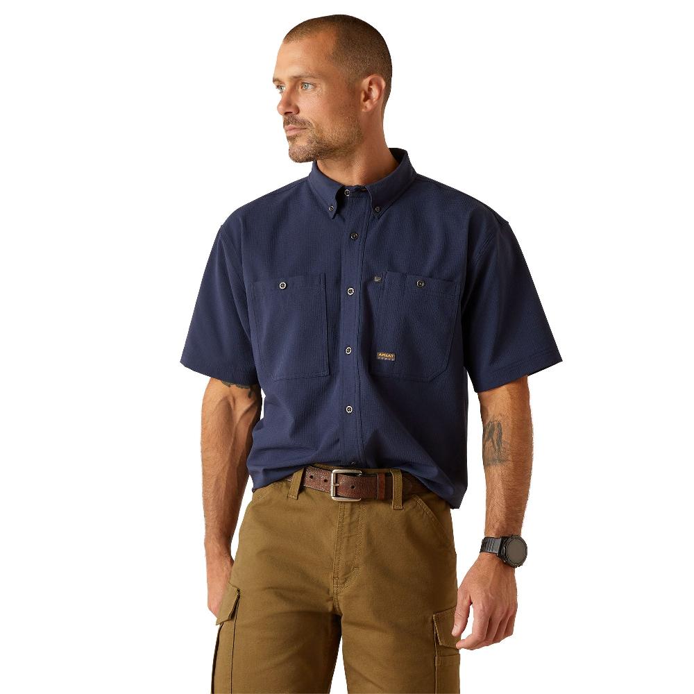 le bos Ariat Navy Rebar Made Tough 360 Airflow Men's Collared Short Sleeve Button Front Work Shirt 10048947