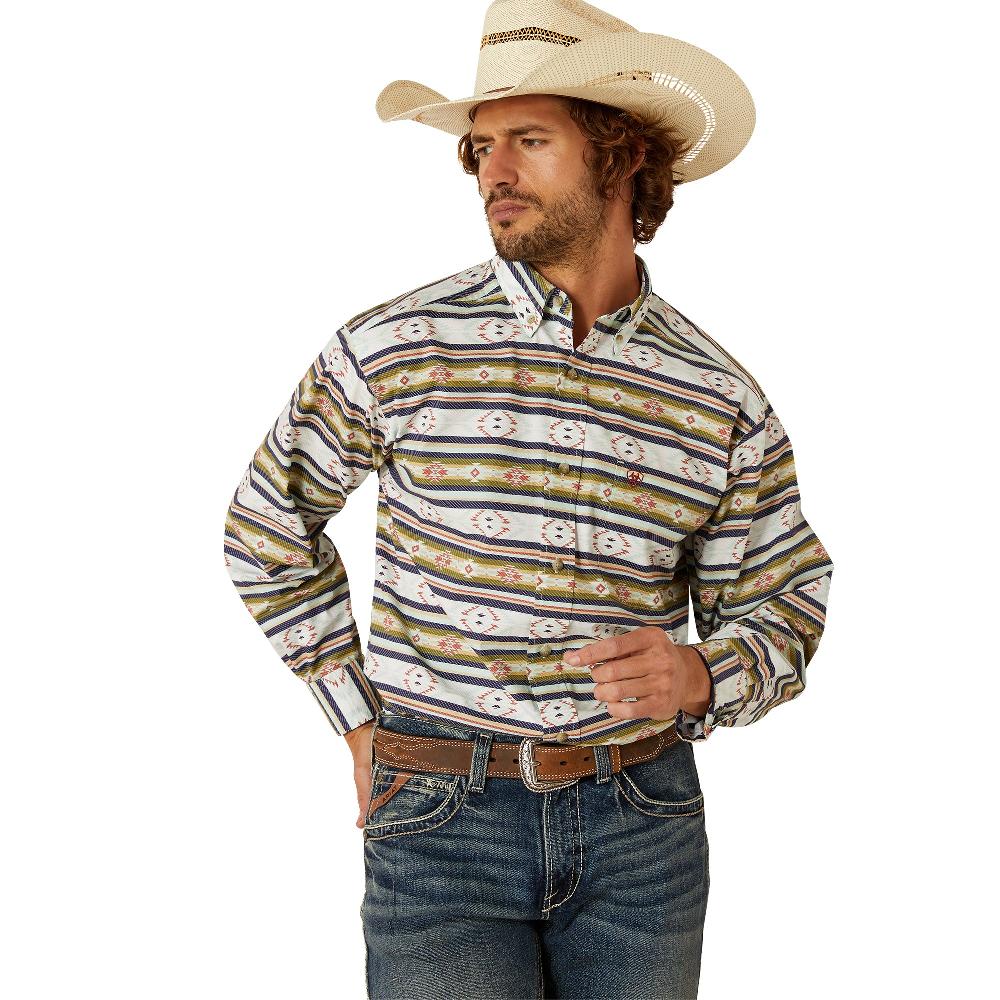le bos Ariat Navy (Stripes with Print) Men's Calder Collared Classic Fit Men's Longsleeve Button Front Shirt 10054669