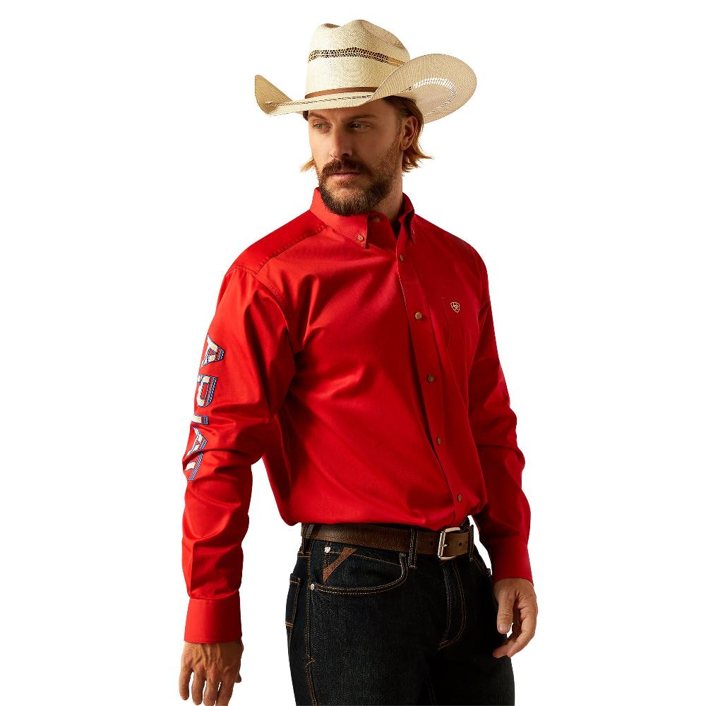 le bos Ariat Red/Khaki Team Logo Twill Men's Collared Classic Fit Longsleeve Button Front Shirt 10055236