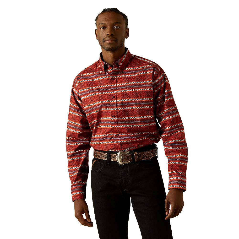 le bos Ariat Red with Aztec Print/Stripe Tiago Men's Collared Button Front Longsleeve Classic Fit Shirt 10062185