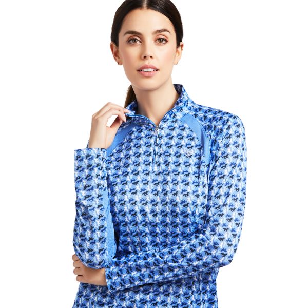 Le Bos Ariat Reykjavik Ditsy Horse Blue Sunstopper 2.0 1/4 Zip Baselayer Womens Tops 10039355