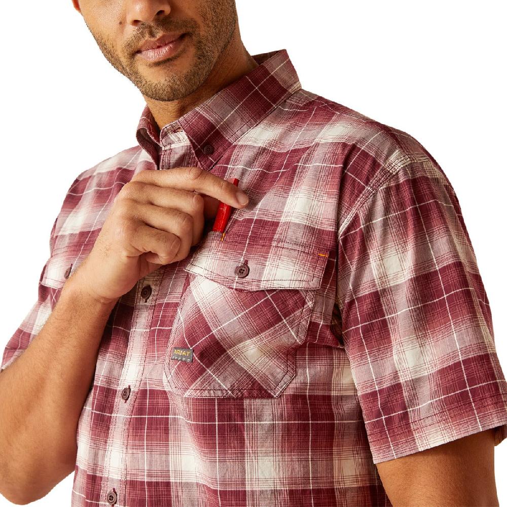 Le Bos Ariat Roan Rouge Plaid Rebar Made Tough Durastretch Men's Collared Short Sleeve Button Down Shirt 10048892