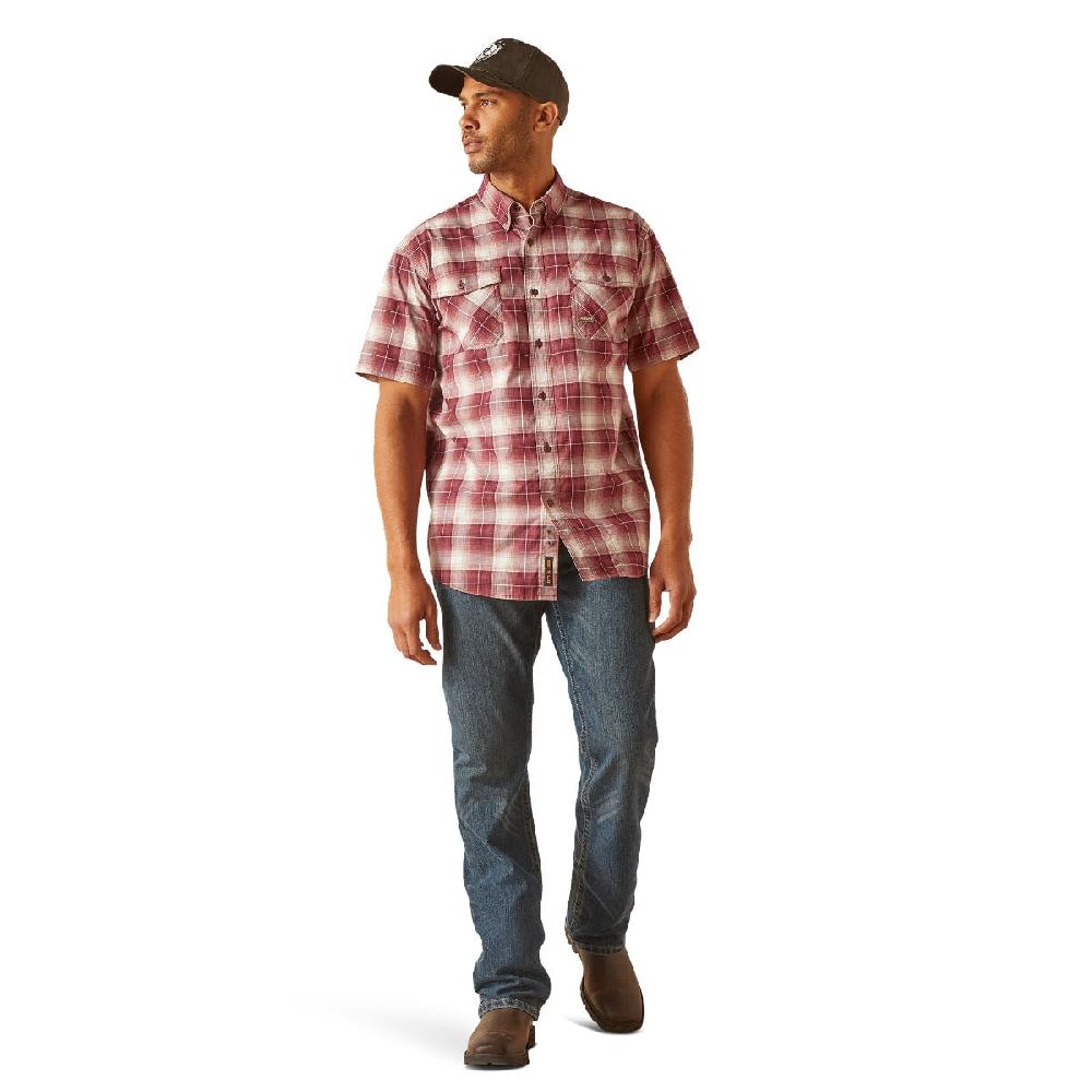 Le Bos Ariat Roan Rouge Plaid Rebar Made Tough Durastretch Men's Collared Short Sleeve Button Down Shirt 10048892