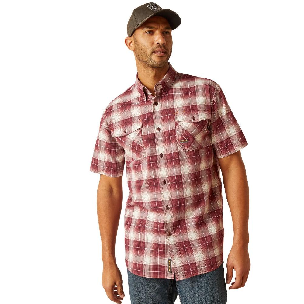 le bos Ariat Roan Rouge Plaid Rebar Made Tough Durastretch Men's Collared Short Sleeve Button Down Shirt 10048892
