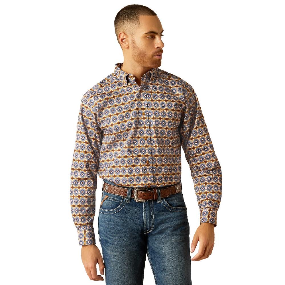 le bos Ariat Tennessee Brown Sugar and Steel Blue Aztec Print Classic Fit Collared Men's Longsleeve Shirt 10052613