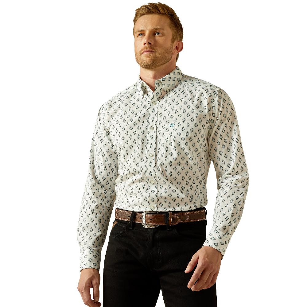le bos Ariat White with Diamond Print Bass Men's Collared Longsleeve Fitted Button Front Shirt 10062203