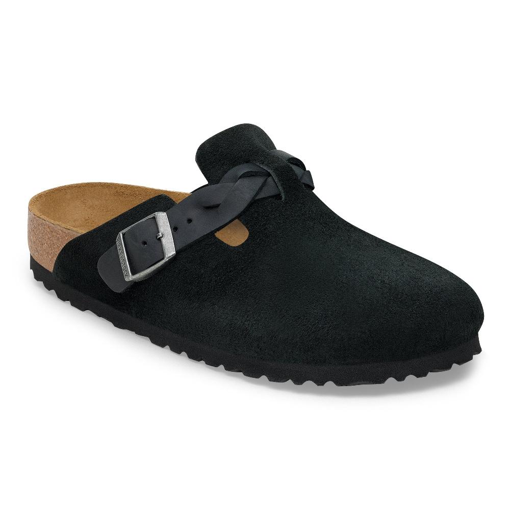 le bos Birkenstock Black Boston Braided Suede Leather Women's Clogs N1030497