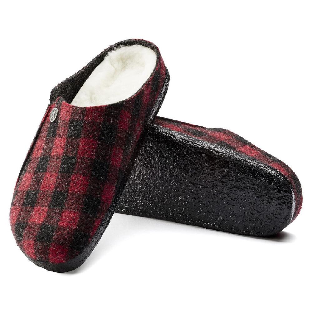 Le Bos Birkenstock Plaid Red Wool Felt Zermatt Shearling Women's Slippers N1017544