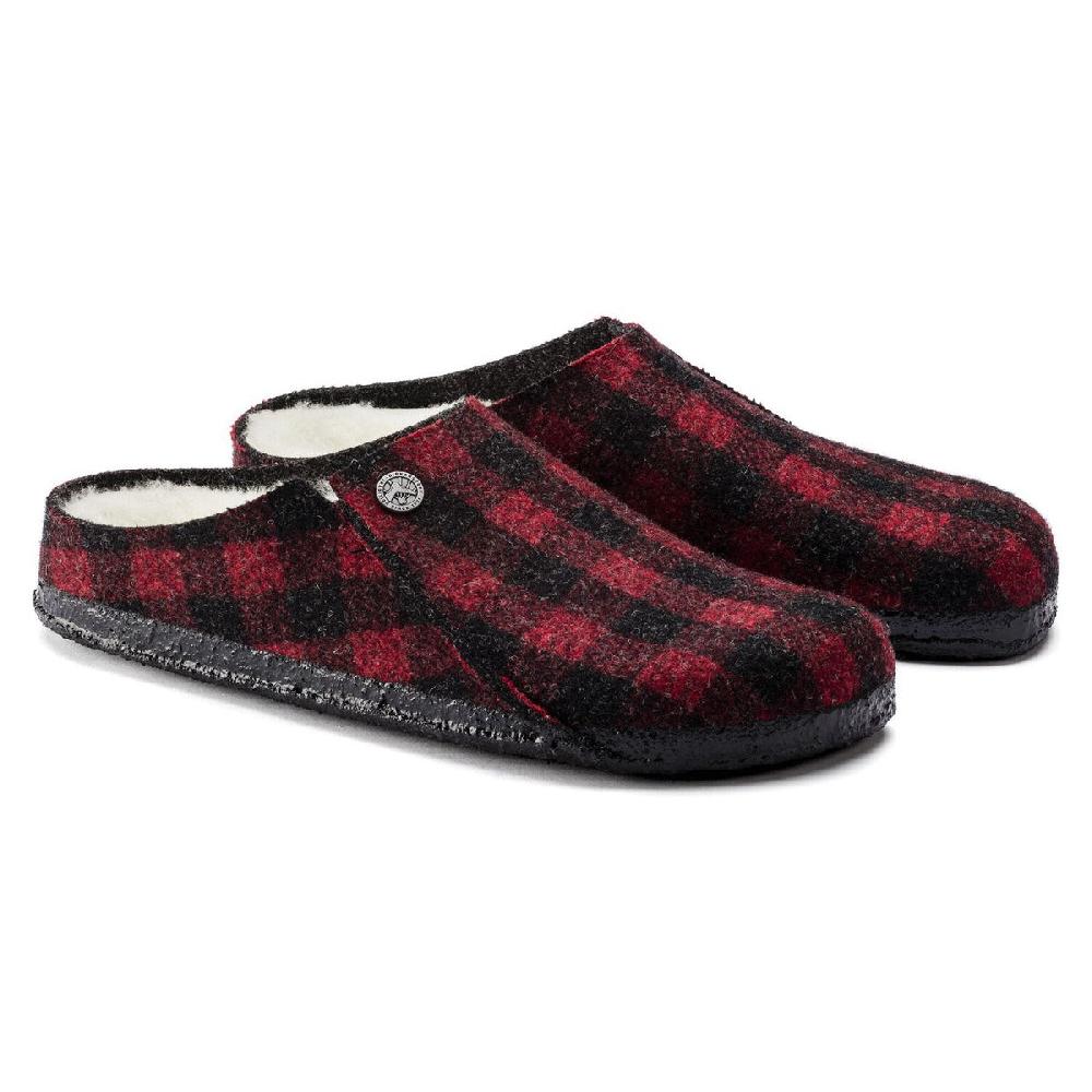 le bos Birkenstock Plaid Red Wool Felt Zermatt Shearling Women's Slippers N1017544