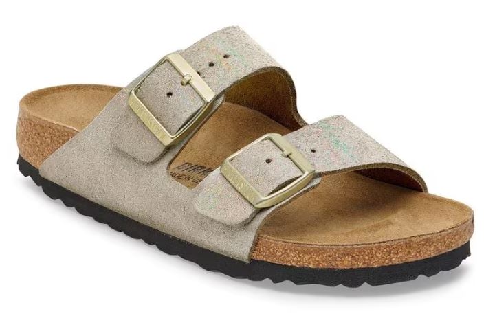 le bos Birkenstock Shimmering Taupe Arizona Suede Leather Women's Slide Sandals 1030269