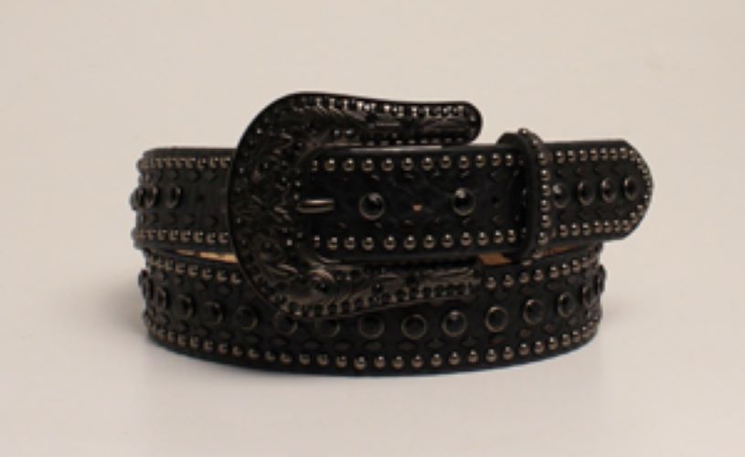 le bos Black Leather Rhinestone Accent Belt with Black Rhinestone Buckle N3410201