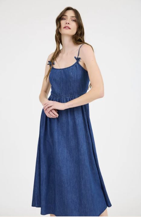le bos Blu Pepper Blue Denim Midi Sleeveless Dress with Bow Detail B5SD1060
