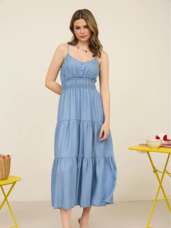 le bos Blu Pepper Chambray Sleeveless Tiered Women's Midi Dress B5SD1032