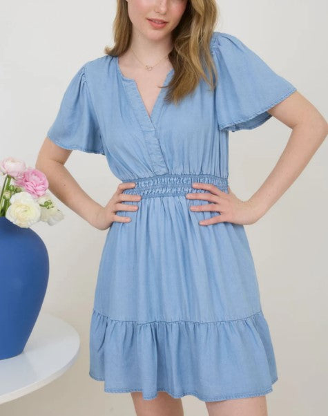 le bos Blu Pepper Chambray Split Neck Flounce Mini Dress CR2224
