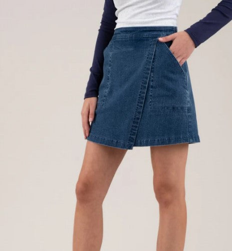 le bos Blu Pepper Denim Color High Waist Wrap Mini Skirt TWS1115