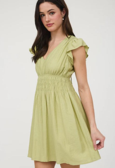 le bos Blu Pepper Kiwi V Neck Shirred Waist Ruffle Sleeve Mini Dress CR2526