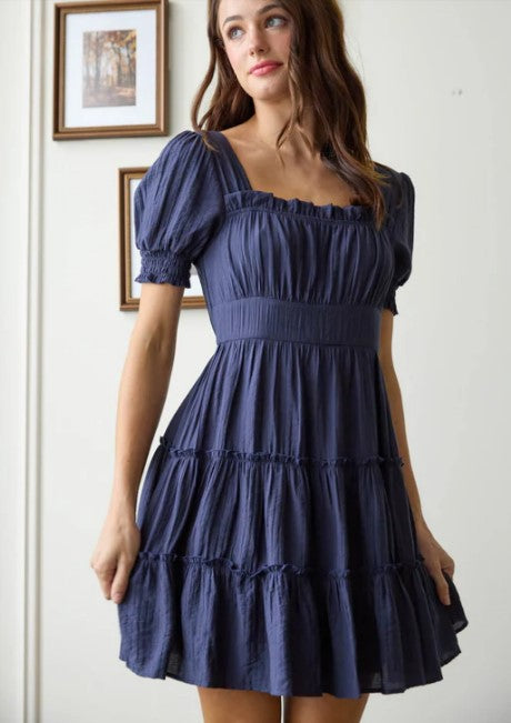 le bos Blu Pepper Navy Square Neck Smocked Detail Tiered Mini Dress CR2466