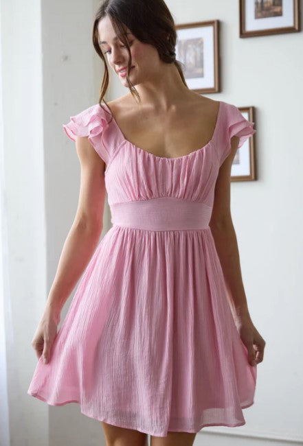 le bos Blu Pepper Pink Ruffle Sleeve Back Tie Solid Mini Dress CR2457