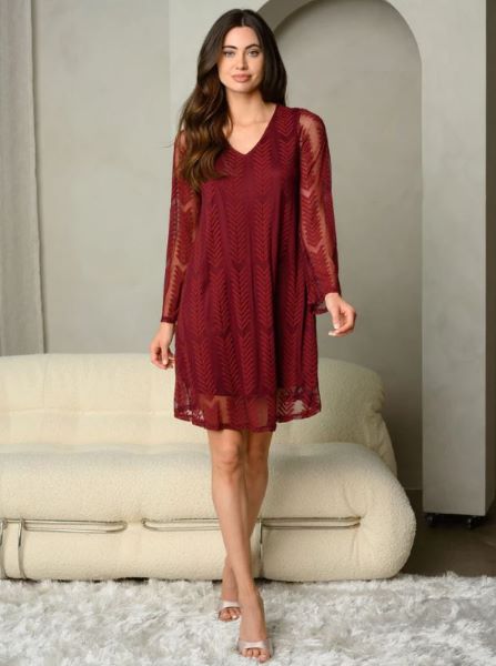 le bos Burgundy Long Sleeve Lace Mini Dress E-10-C-KD31323