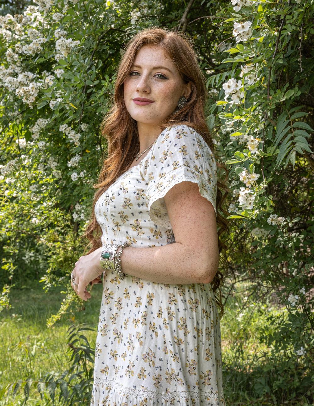 Le Bos Cotton And Rye Floral Women's Square Neck Tiered Short Sleeve Dress CRWD070M