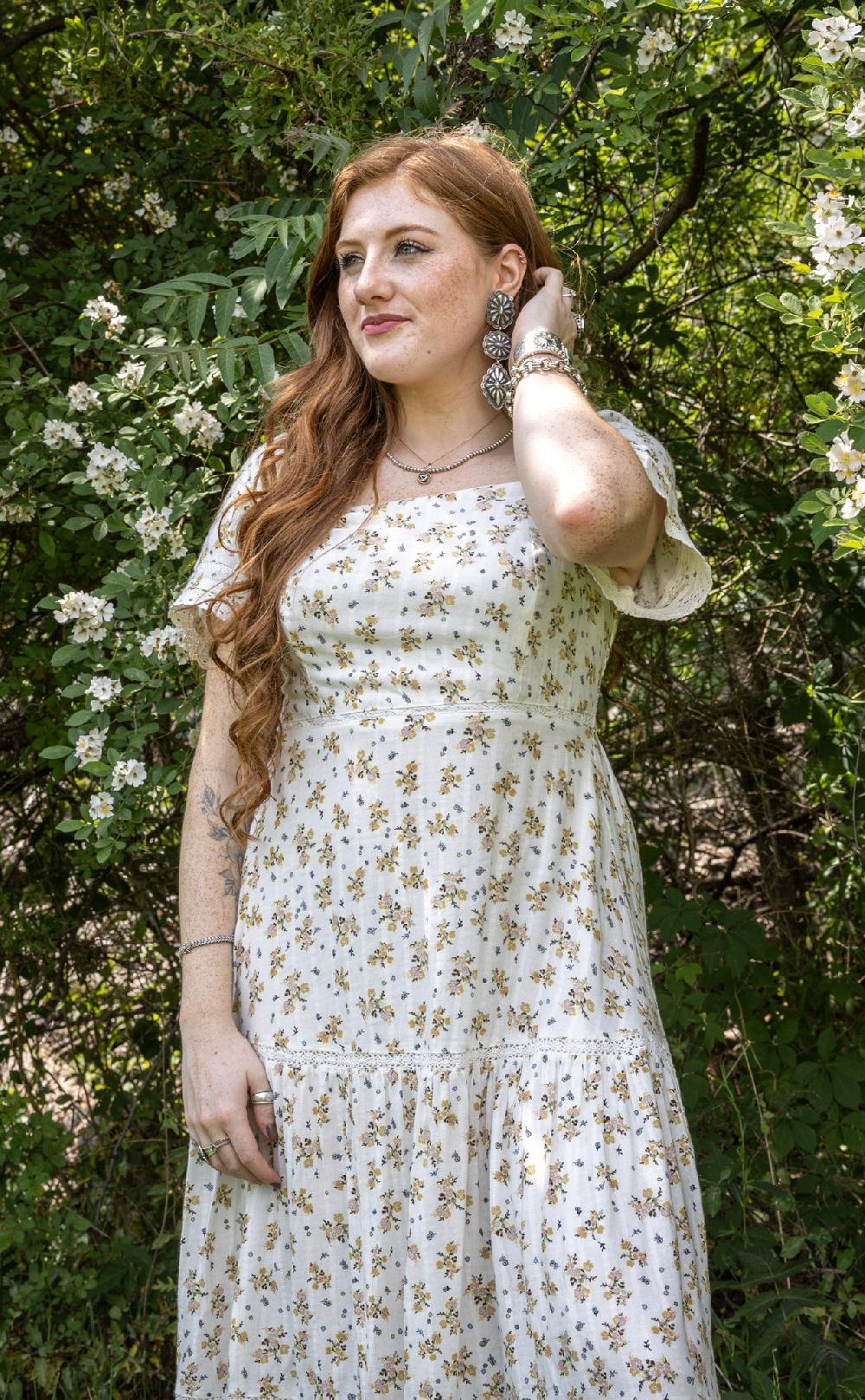 le bos Cotton and Rye Floral Women's Square Neck Tiered Short Sleeve Dress CRWD070M