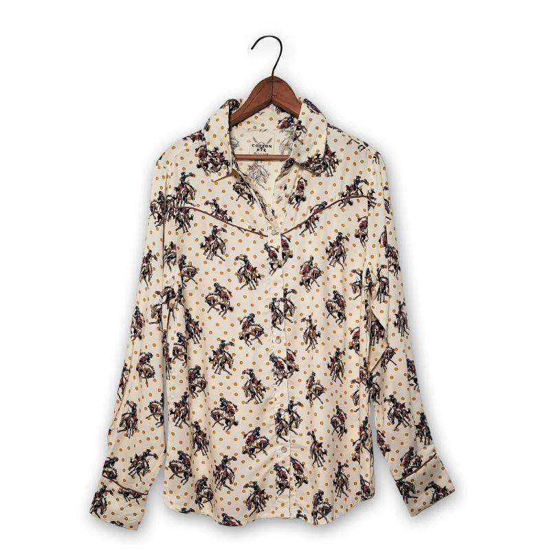 le bos Cotton and Rye Polka Dot (Yellow) with Bronco Rider Print Buckaroo Betty Women's Longsleeve Collared Snap Shirt CRW111M
