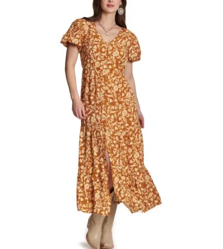 le bos Cotton and Rye Rust/Cream Floral Print Women's Dress CRWD973Y
