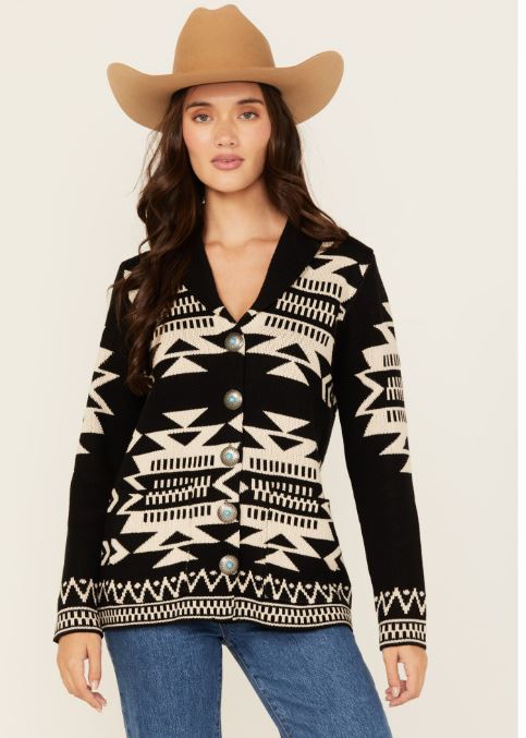 Le Bos Cotton & Rye Black/White Women's Shawl Collar Aztec Print Cardigan CRK843M