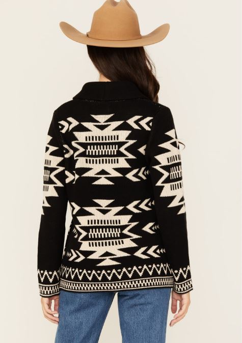 Le Bos Cotton & Rye Black/White Women's Shawl Collar Aztec Print Cardigan CRK843M