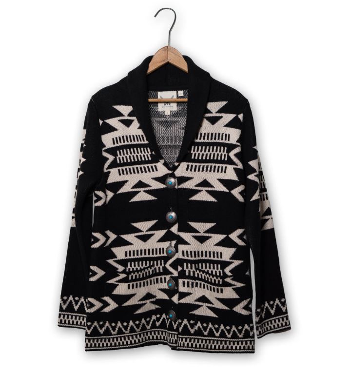 le bos Cotton & Rye Black/White Women's Shawl Collar Aztec Print Cardigan CRK843M