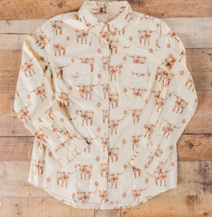 le bos Cotton & Rye Ivory/Rust Longhorn Print 'The Stockyards' Women's Collared Longsleeve Snap Shirt CRW300T